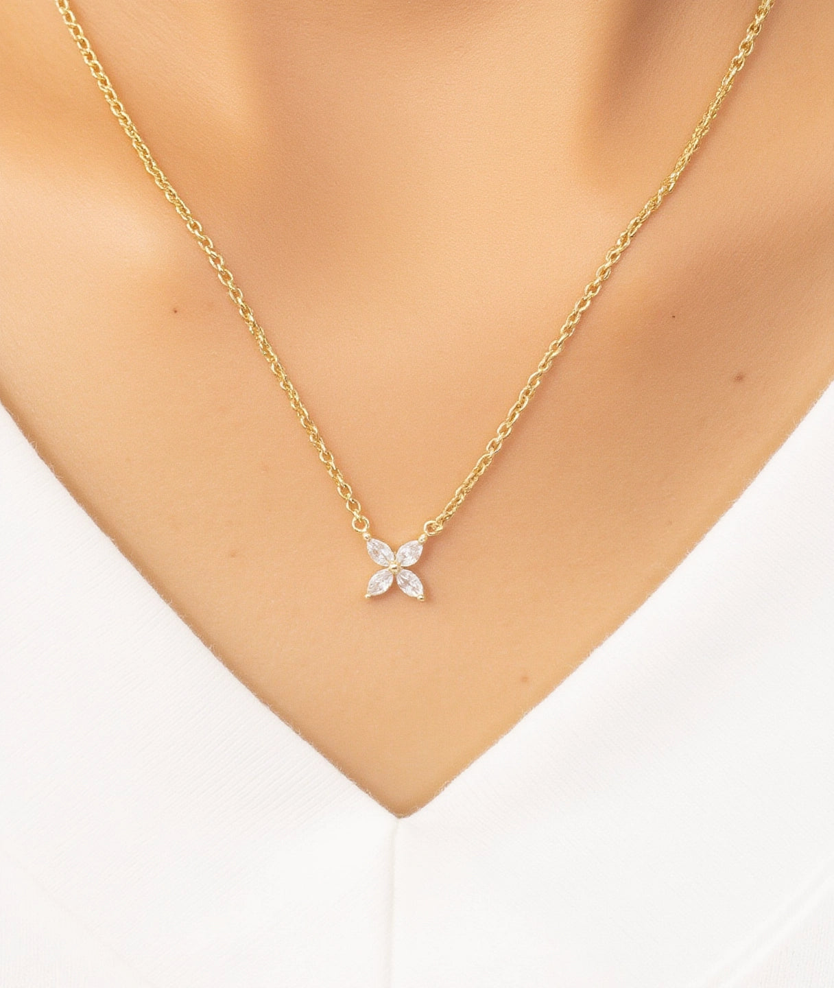 Model wearing our collection Marquise Floral Necklace | Minimalist Flower Charm Pendant Necklace | Adorn By You